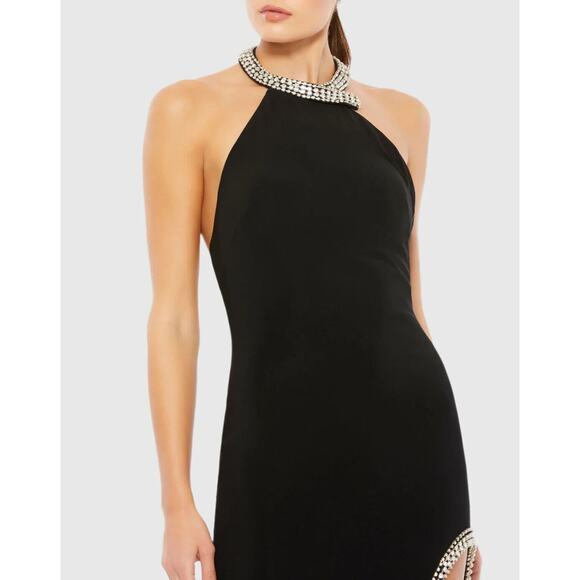 NWT Mac Duggal 26553 Womens Black Rhinestone Accents High Slit Halter Gown Sz 4 - Picture 2 of 16